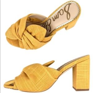 Sam Edelman Oda Knot Mules Heeled Sandals Slide On Mustard Yellow Knit Sz 6 NWOB